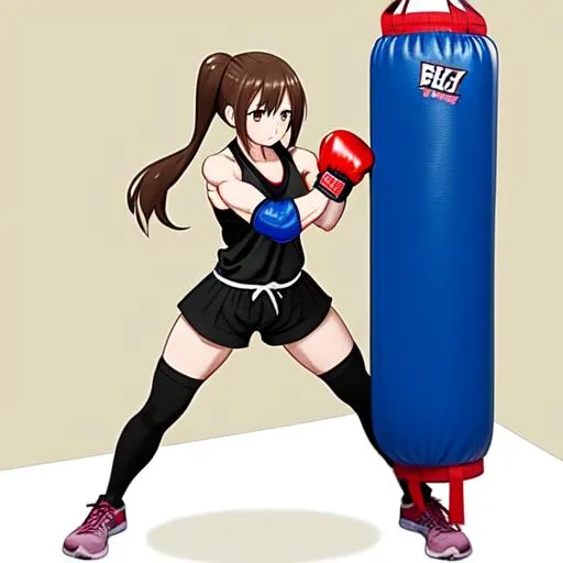 Prompt: Anime girl punching bag training gym muscle boxing punchingbag 