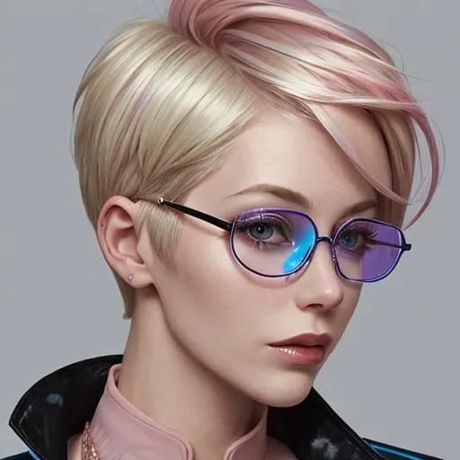 Prompt: Woman, blonde short hair, blue and pink tips, rose gold glasses, realistic, black jacket