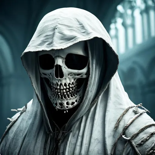 Prompt: Realistic photo of Hooded pale undead in hd, ultra realistic, highly detailed, 8k. Soft lighting 
