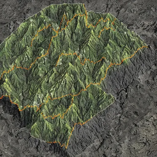 Prompt: A photograph of a mountain range with transparent radar data on top. Interferogram fringes are transparent over the contours of the terrain in the photograph. There are cartographic labels over features and boundary lines. The theme is using Synthetic Aperture Radar to detect slope failures and perform long-term monitoring of landslides On mountain on the left side should be a black and white color scale. A different mountain on the right side should be a fringes of a rainbow-like turbo or jet colormap