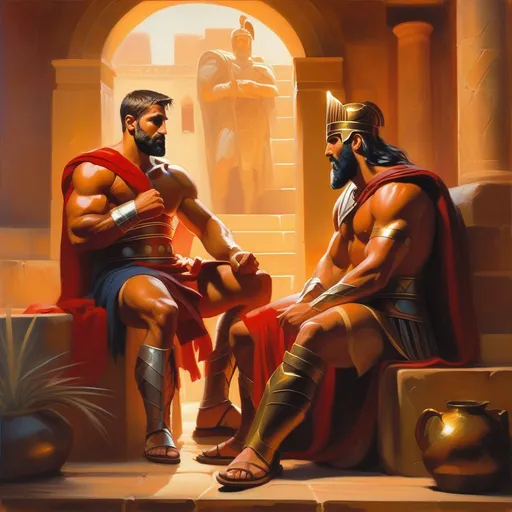 Prompt: King Leonidas meets Gigachad, warm atmosphere, cartoony style, extremely detailed painting by Greg Rutkowski and by Henry Justice Ford and by Steve Henderson 