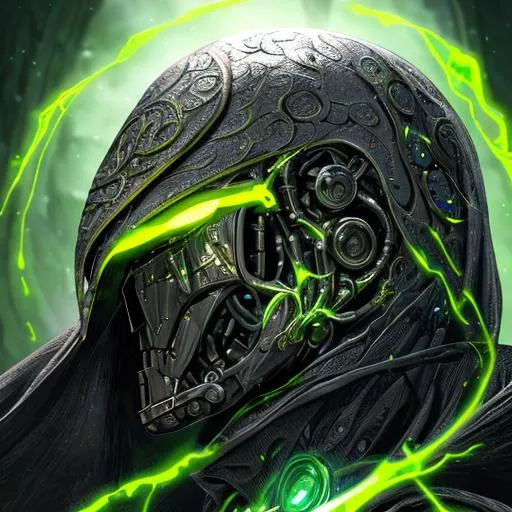 Prompt: portrait of warforged warlock with short, green eyes, black cloak , in green magitek background, D&D setting, perfect composition, hyperrealistic, super detailed, 8k, high quality, trending art, trending on artstation, sharp focus, studio photo, intricate details, highly detailed, by greg rutkowski and alphonse mucha