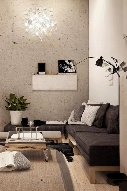 Prompt: Beige living room with black And white elements. With concrete structured wall and wooden elements.