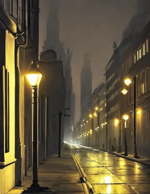 Prompt: rococo styled city just before dawn. The city is quiet. there is a glow on the horizon, but streetlights still emit a warm glow on the ground
