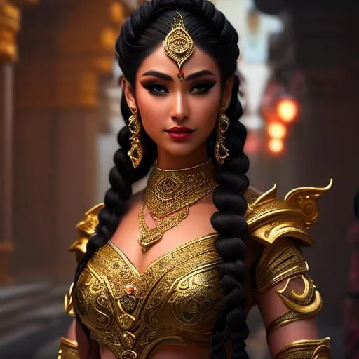 Prompt: Gorgeous, stunning, beautiful, otherworldly toned muscular Yuan-Ti martial artist goddess with long braided hair wearing ancient Hindu clothing, elegant posing, full body, centered, fantasy setting, character concept, cinematic, colorful background, concept art, dramatic lighting, highly detailed, hyper realistic, intricate sharp details, octane render, smooth, studio lighting, trending on art station, 8k, HDR, unreal engine, emotive, cgi, animated, character art, iridescent, metallic