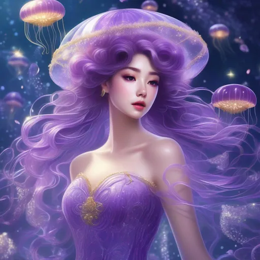 Prompt: A purple princess jellyfish with a delicate and graceful appearance, wearing a beautiful dress made of jellyfish tentacles, floating in a dreamy underwater world. with gold lights
