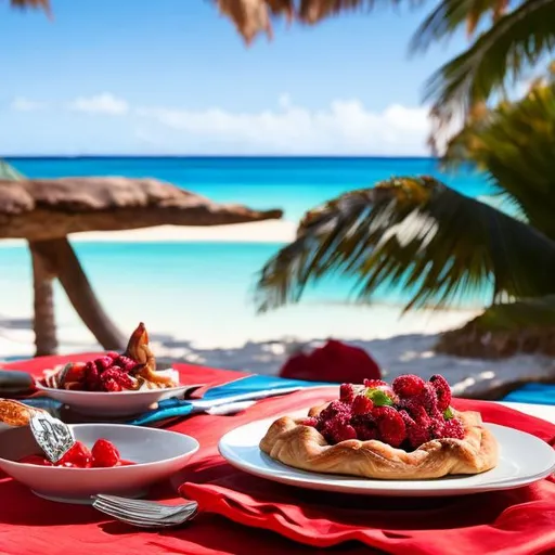 Prompt: "Generate an image of a scene at a tropical beachside setting, where the table showcases a relaxed beach paradise vibe. Place a plate of delicious meat pastries as the main dish, emphasizing their mouthwatering appearance. For dessert, include a tempting coconut pudding with a drizzling of red berry sauce, making it the focal point of the scene. Additionally, feature a glass of exceptionally refreshing and sparkling green grape juice with plenty of ice cubes. The emphasis should be on the appetizing food and drinks, while the table should exude the laid-back ambiance of a beach paradise."" ultra hd, realistic, vivid colors, highly detailed, UHD drawing, pen and ink, perfect composition, beautiful detailed intricate insanely detailed octane render trending on artstation, 8k artistic photography, photorealistic concept art, soft natural volumetric cinematic perfect light"

