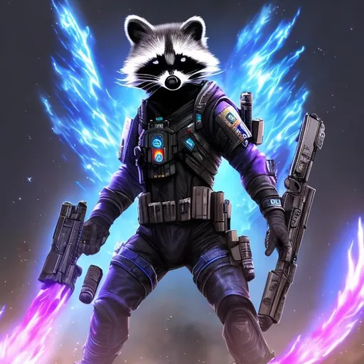 Prompt: astralvoid, rocket as a racoon, with a gun,
