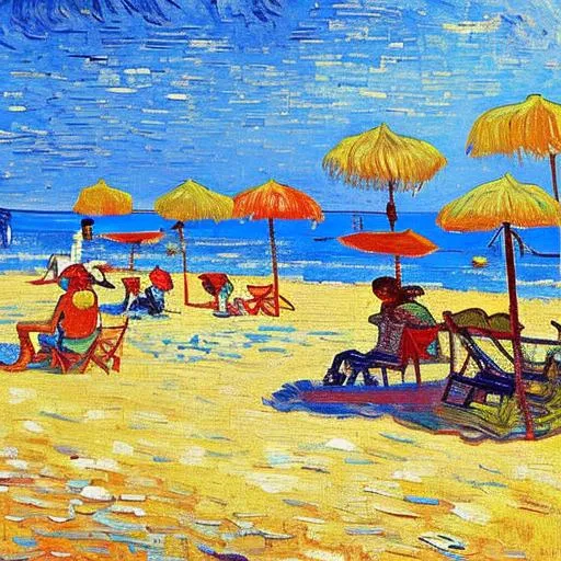 Prompt: summer colors, beach town Painting by Van Gogh 