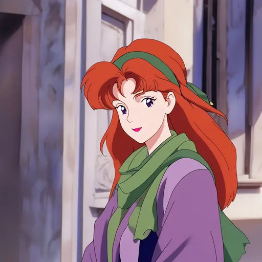 Prompt: 90's anime, cel shaded. A young redheaded woman wearing a head band, purple dress and green chiffon scarf around her neck 