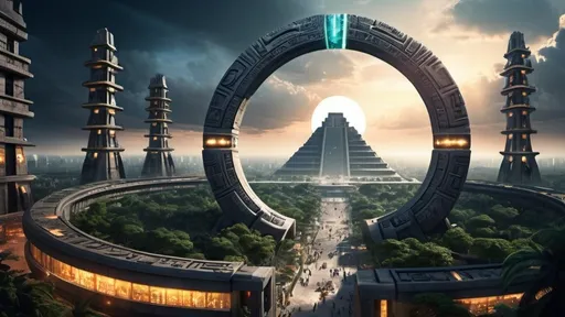 Prompt: magical portal between cities realms worlds kingdoms, circular portal, ring standing on edge, upright ring, freestanding ring, hieroglyphs on ring, complete ring, ancient mayan architecture, zigurat, pylons, gardens, hotels, office buildings, shopping malls, large wide-open city plaza, panoramic view, futuristic cyberpunk tech-noir setting, open sky