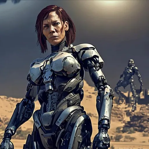 Prompt: a woman with a tattoo on his arm holding a drill, movie still of cyborg, portrait of woman cartel style, movie still of a villain cyborg, Death stranding character art, a portrait arab man, European as soldier, cyborg, muscular! Death stranding