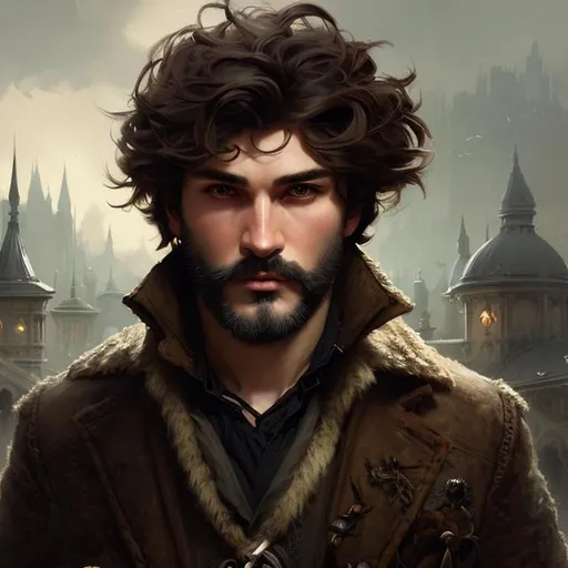 Prompt: Splash art portrait of ruggedly handsome, androgynous, dark brown haired man with short hair, 30 years old, herding sheep with a tricolor border collie, victorian light clothes, elegant, highly detailed, intricate, smooth, sharp focus, artstation, digital painting, concept art, art by greg rutkowski, alphonse mucha and John William Waterhouse, light, romantic, happy, soft, gentle, golden, warm, summer
