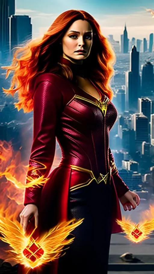 Prompt: High-resolution hyperrealistic photo of the dark phoenix merged with the scarlet witch, scarlet, ruby and gold costume, uhd, hdr, 64k