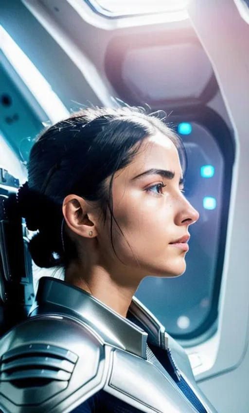 Prompt: 64K UHD Ultra-Realistic Ultra-Detailed Starship Interior with Full-Body Sleeping Alita Battle Angel Sitting with folded arms in an armored spacesuit. Strikingly Beautiful Young Face. Tied Hair. Closed Eyes. High Cheekbones. Straight Nose. Bug-Eyed Goggles resting above her forehead. On the Way to Earth.