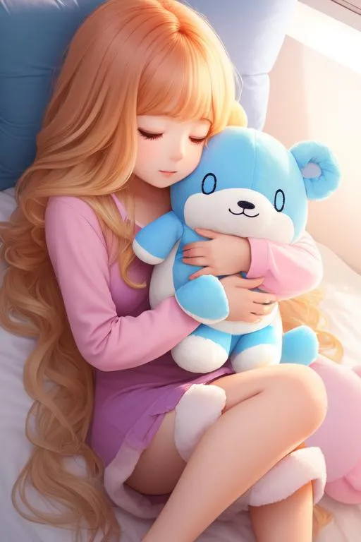 Prompt: ombre hair, sleeping, plushie, long hair, solo, 17 year old girl, fullbody, ((full body)) {{good looking}} {{cute}} {{good body}} {{tight}}, symmetrically colored hair, {{shadows}},
