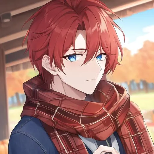 Prompt: Zerif 1male (Red side-swept hair covering his right eye, blue eyes), highly detailed face, wearing a cozy flannel shirt and a pair of stylish jeans. In the park, fall.  wearing a scarf, looking up at the sky, in a pumpkin patch, adult. Handsome,  detailed, UHD, HD, 4K, highly detailed, red haze, masculine, anime style