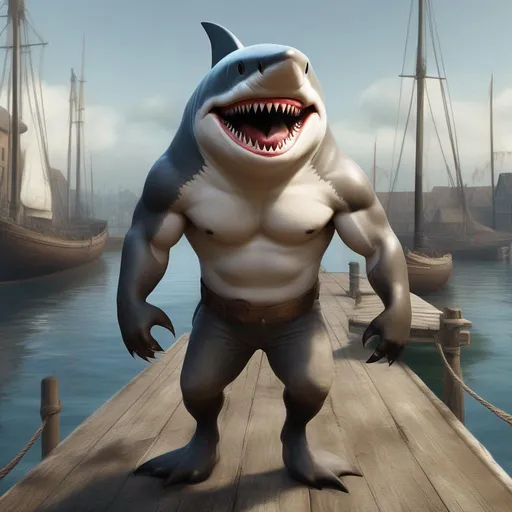 Prompt: anthropomorphic, shark, realistic, muscular, human proportions, on the dock, huge grin, lots of scars, medieval,  high definition, professional