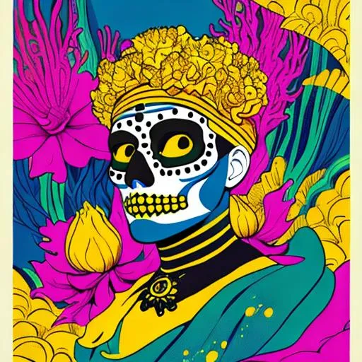 Prompt: A stunning calavera in an underwater world with yellow seaweed, painted in a playful pop art style with bold lines, fun, colorful, retro, and graphic, with intricate details in 8k resolution, 8k resolution, minimalist illustration, concept art, realistic, artstation, vintage show promotional poster