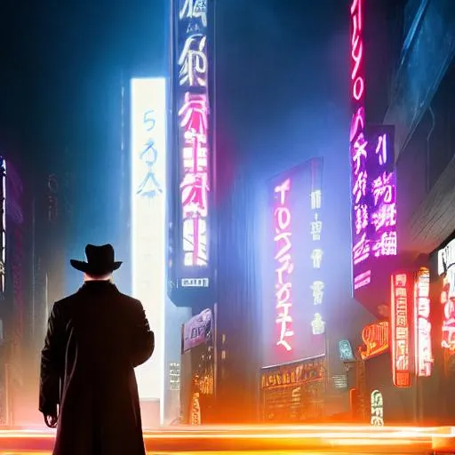 Prompt: hyper realistic, 4k, volumetric lighting, blade runner 2049, Tokyo highrise, neon lights, night time, dark brown trench coat, dark brown bowler hat, back facing the camera