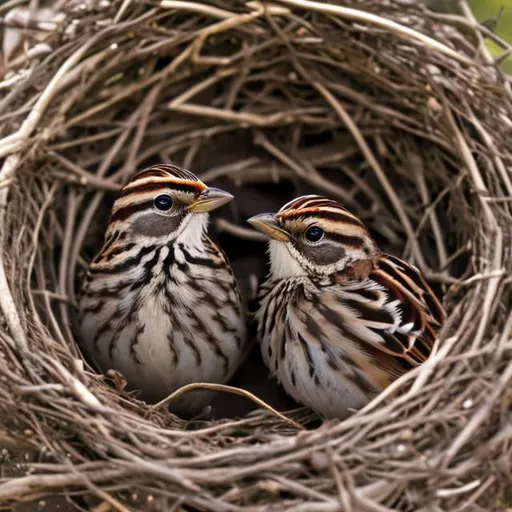 Prompt:  Two brown sparrows in a nest