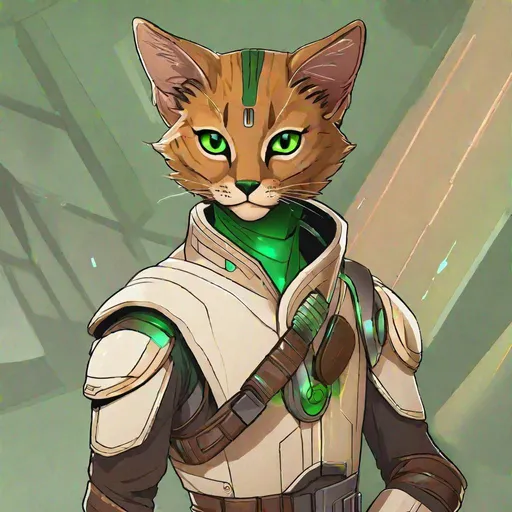 Prompt:  A young alien of a star wars feline race. Vaguely humanoid. He has shot brown fur and a golden brown skin. He wears a scifi suit and has green eyes. Detailed, well draw face, Smooth skin. rpg art. Star wars art. 2d art. 2d