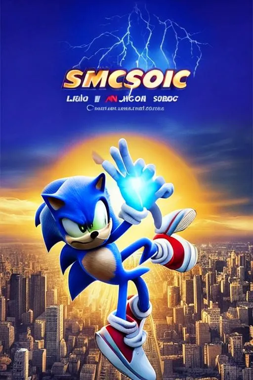 Prompt: sonic con un anillo en la ciudad con rayos y on el diseño de la pelicula