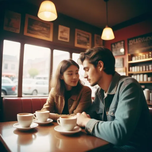 Prompt: Holga photography, couple in a coffee shop, low-fidelity dreamy aesthetic, flare, low quality, analog photography