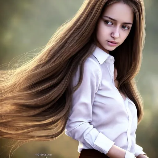 Prompt: photo realistic Landscape of girl wear white shirt, Cute girl, beautiful, elegant, long brown hair, skirt, brown eyes, Realistic, 8k, hyper realism, outdoor, detailed hair, detailed face, full body, masterpiece, Sharp focus, hdr, happy, epic realistic, faded, ((neutral colors)), art, (hdr:1.5), (muted colors:1.2), hyperdetailed, (artstation:1.5), (natural skin texture, hyperrealism, soft light, sharp:1.2), (intricate details:1.12), hdr, (intricate details, hyperdetailed:1.15)