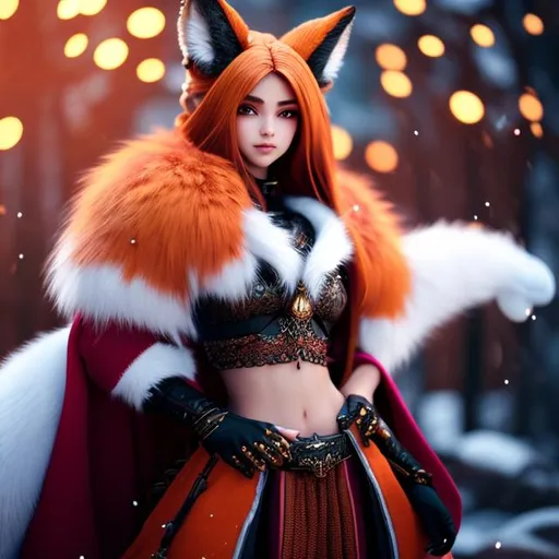 Prompt: Octane render, fantasy, Beautiful cute fox girl, ginger, big tail, midriff, jacket, fur cloak, dress skirt, very detailed face, full body,