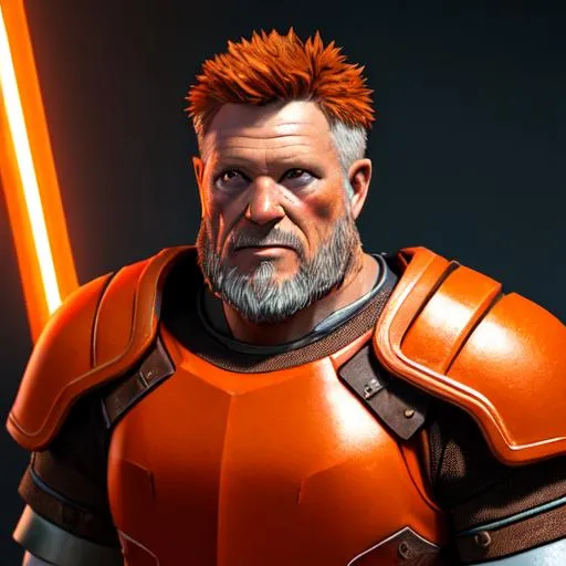 Prompt: Digital Art, 48-year-old viking man, brown hair, short hair, short trimmed beard, small trimmed mustache, brown eyes, burnt orange gear, bright orange armor, unreal engine 8k octane, 3d lighting, full body, full armor