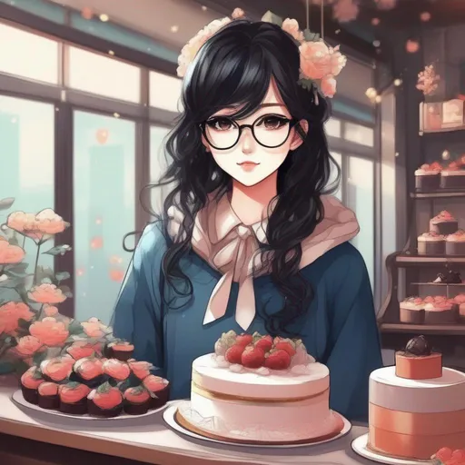 Prompt:   anime girl manhwa style cute and pretty, with eye pretty detailed,  slide of cake , with black hair, Bright style, Wear glasses, Detailed fingers