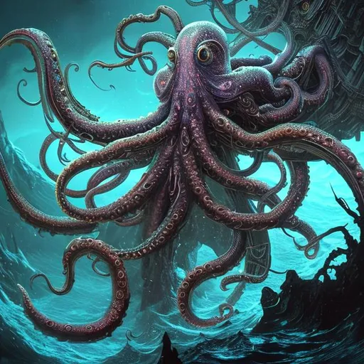 Prompt: Create a Fantasy, Epic, Stunning, Spectacular, cinematic, 3D, Hi Def, intricately detailed image of a  glamorous, ultra-realistic Giant squid with tentacles entangles pirate ship in sea storms and flashes of lightning. Professional Photo Realistic Image, RAW, splash style dark fractal paint, contour, hyper detailed, intricately detailed, unreal engine, fantastical, intricate detail, steam screen, complementary colors, fantasy concept art, 8k resolution, deviantart masterpiece, splash arts, ultra details Ultra realistic, hi res, UHD, 64k, 3D rendering.