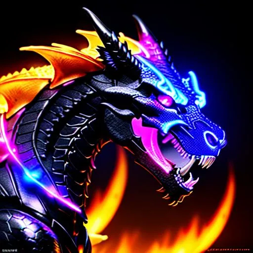 Prompt: Watercolor portrait of a roaring neon black skeleton dragon with iridescent black markings roaring with tongue glowing red and galaxy in background, perfect composition, hyper realistic, super detailed, 8k, high quality, trending art, trending on art station, sharp focus, studio photo, intricate details, highly detailed, by greg rutkowski, illustration, watercolor