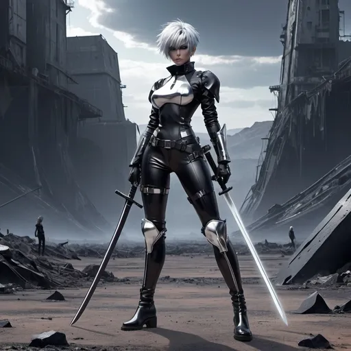 Prompt: Anime cyberpunk style, silver short hair and silver color eyes, hot body form, black shiny leather pants and long boots, long ancient katana, background wastlands.