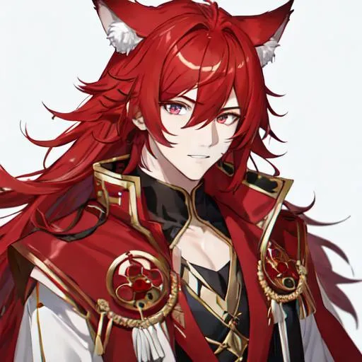 Prompt: Zerif 1male (Red side-swept hair covering his right eye) wearing a wolf outfit, UHD, 8K