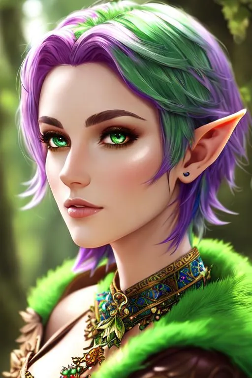 Prompt: short colorful hair, elf, dnd druid,green eye,
perfect composition, photo realistic, super detailed, high quality, sharp focus, studio photo, intricate details, highly detailed