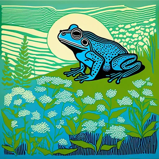 Prompt: A blue BUFO FROG sitting in a field of weed farm and small green buds blowing through the wind, pastel colors , andy warhol , woodblock print by Hokusai
