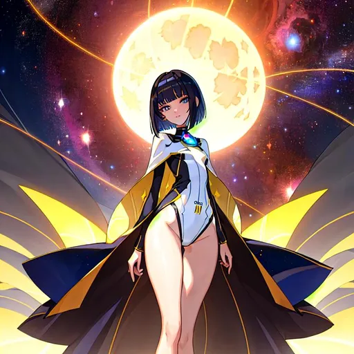 Prompt: a lonely AI girl, very tall, thick thighs, wide hips, huge glutes, long legs, slender arms, slender waist, big beautiful symmetrical eyes, intriguingly beautiful face, aloof expression, bob haircut with bangs, wearing the starry cosmos, 12K resolution, hyper quality, hyper-detailed, 12K resolution, hyper-professional