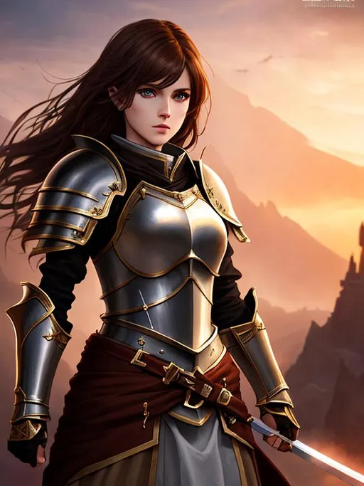 A female knight with brown hair, epic, dark fantasy,... | OpenArt