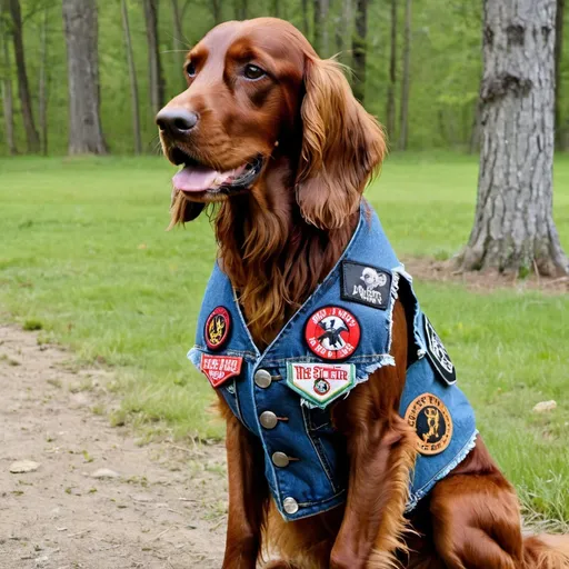 Prompt: Irish Setter wearing a heavy metal music denim vest with patches