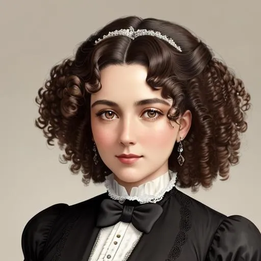 Prompt: An attractive 35 year old woman with very curly hair, elegant, Victorian era, 19th century, facial closeup