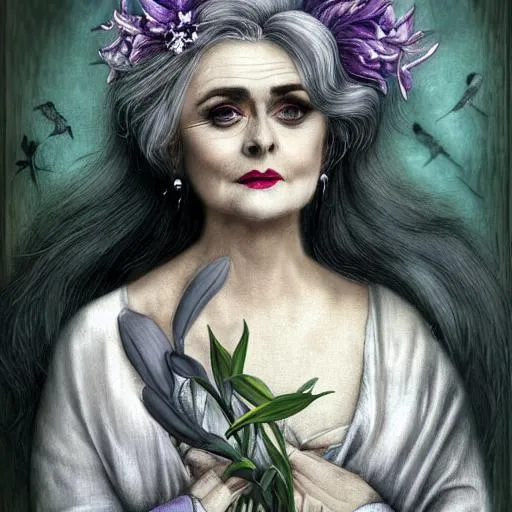 Prompt: grey hair, white lilies, white dove, long grey hair, beautiful older woman, helena bonham carter, long grey hair, black cat, bottecelli, daffodils, lilies, purple iris, madonna, pre-raphaelite, magpie, medieval, art nouveau

