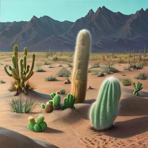 Prompt: A sandy hyperrealistic tundra with cactus