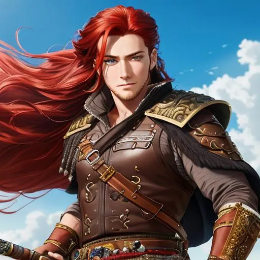 Prompt: oil painting, fantasy, a dashing human male, perfect rugged face sporting slight stubble with red hair in braids, and with vibrant hazel eyes and a slight grin | Warrior wearing chaps and a duster, wielding a rapier #3238, UHD, hd , 8k eyes, detailed face, big anime dreamy eyes, 8k eyes, intricate details, insanely detailed, masterpiece, cinematic lighting, 8k, complementary colors, golden ratio, octane render, volumetric lighting, unreal 5, artwork, concept art, cover, top model, light on hair colorful glamourous hyperdetailed medieval city background, intricate hyperdetailed breathtaking colorful glamorous scenic view landscape, ultra-fine details, hyper-focused, deep colors, dramatic lighting, ambient lighting god rays, flowers, garden | by sakimi chan, artgerm, wlop, pixiv, tumblr, instagram, deviantart