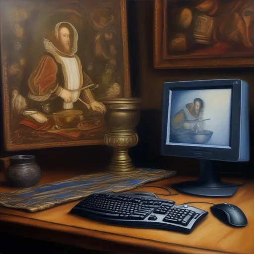 Prompt: computer desktop with keyboard and mouse, oil painting in the style of Hans Holbein