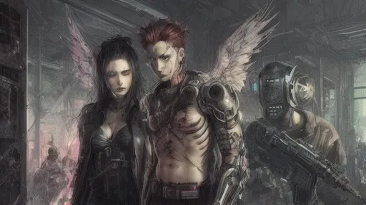 Prompt: Beautiful faces, man and woman, death, destruction, mayhem, cyberpunk, angels, demons