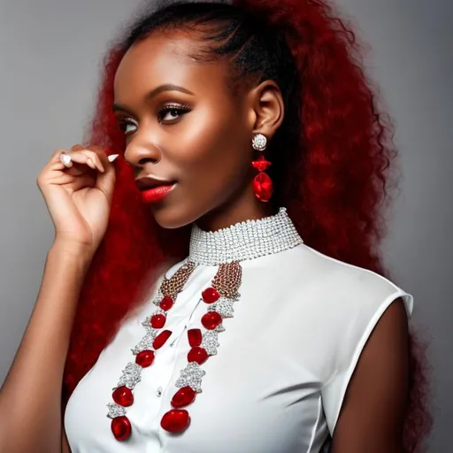 Prompt: Black sophisticated woman in white blouse with red  hair up wearing diamonds jewelry 