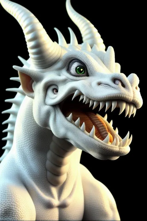 Prompt: realistic Chinese white dragon, big eyes, nose, nostrils, horns, whiskers, open mouth, sharp teeth, fur, full body, correct anatomy, centered in frame, cinematic light, high detailed, realistic textures