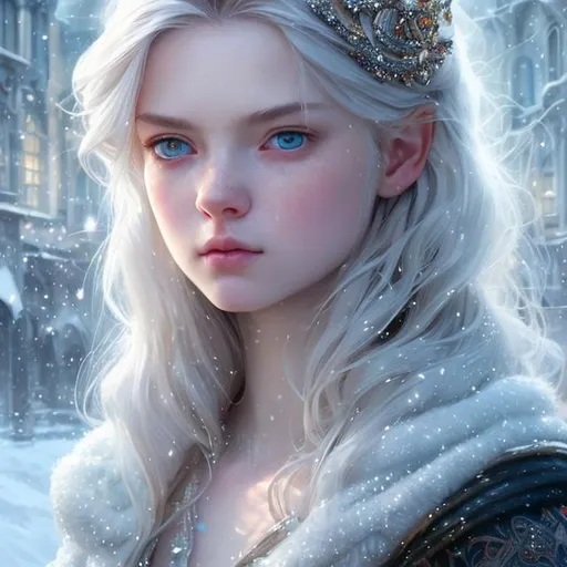 Prompt: Closeup face portrait of a scottish princess 15th century white hair and blue eyes smooth soft skin, small shallow eyes, beautiful intricate colored hair, symmetrical, snowing, soft lighting, detailed face, by makoto shinkai, stanley artgerm lau, wlop, rossdraws, concept art, digital painting, looking into camera